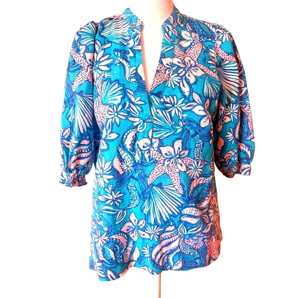 Lilly Pulitzer Mialeigh Elbow Sleeve Linen Top 0 Amalfi Blue Sound the Sirens